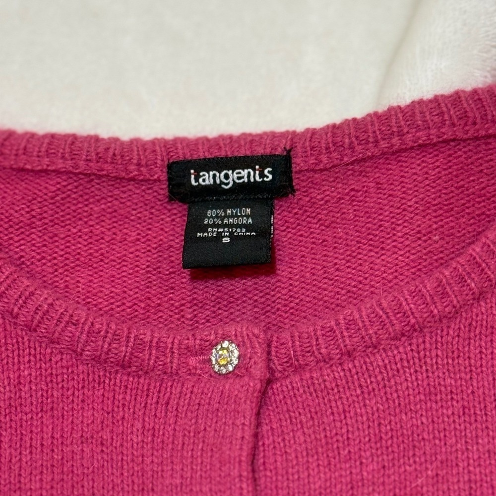 Vintage Tangentis Hot Pink Angora Blend Rhinestone Button Cardigan Womens Small - Picture 3 of 8